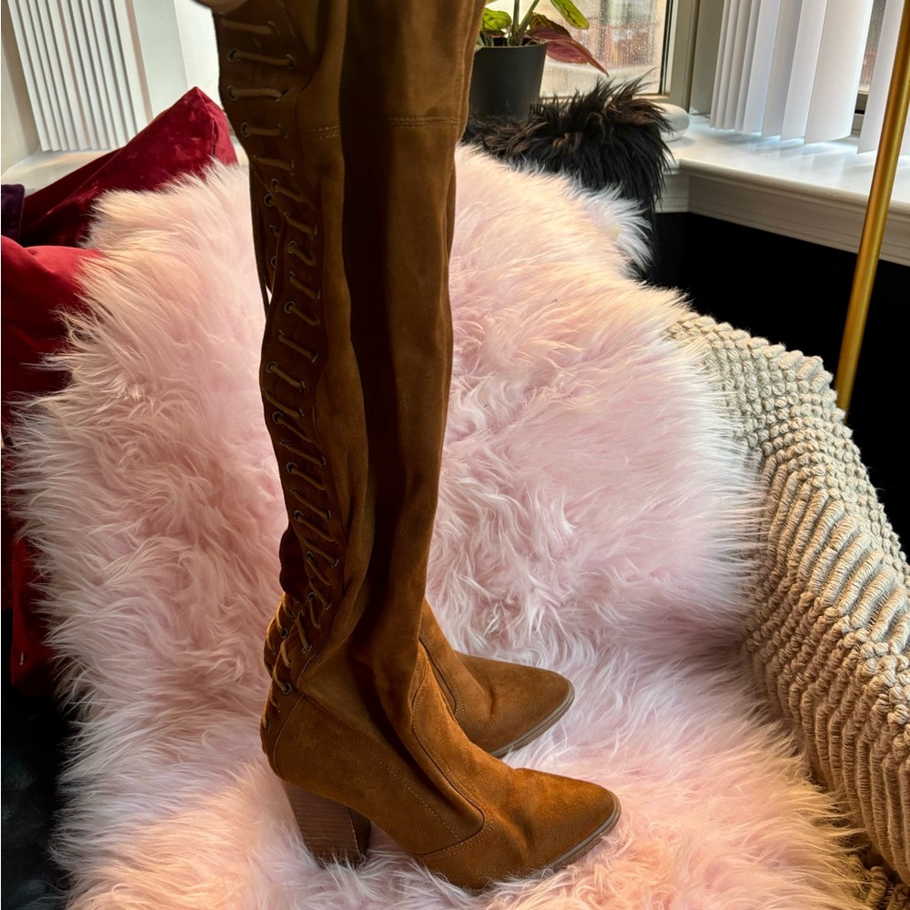 Thigh high camel suede boots